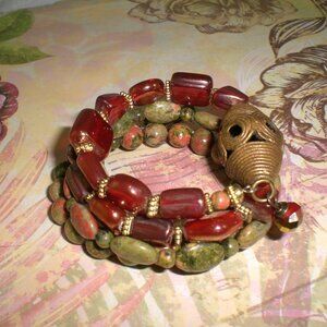 Handmade Coil Wrap Unakite Bead Bracelet